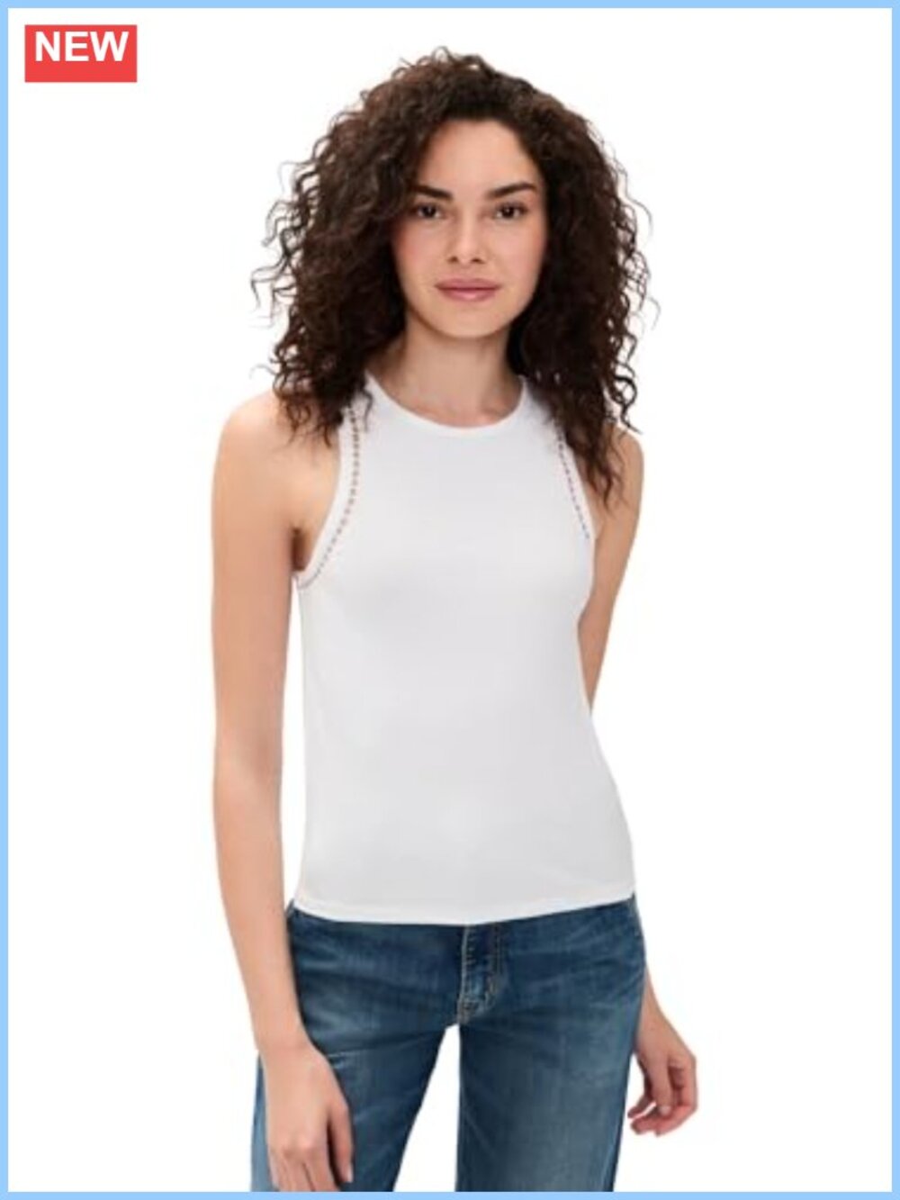 Ribbed Jersey Tank Top with Cutout Embroidered Trim Sleeveless Crew Neck